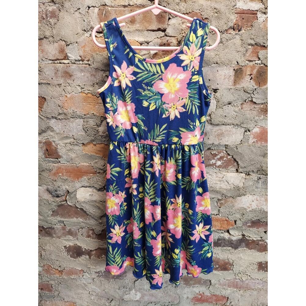 Zunie Girl Girls Dress Size M 7-8 Blue Floral Tropical Print Sundress Ribbed